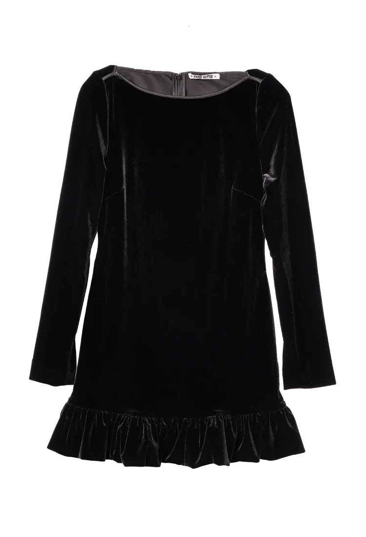 Cosette Ruffled Black Velvet Mini Dress - 2