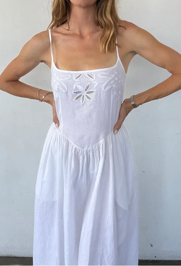 Neroni White Floral Embroidered Linen Dress - 2