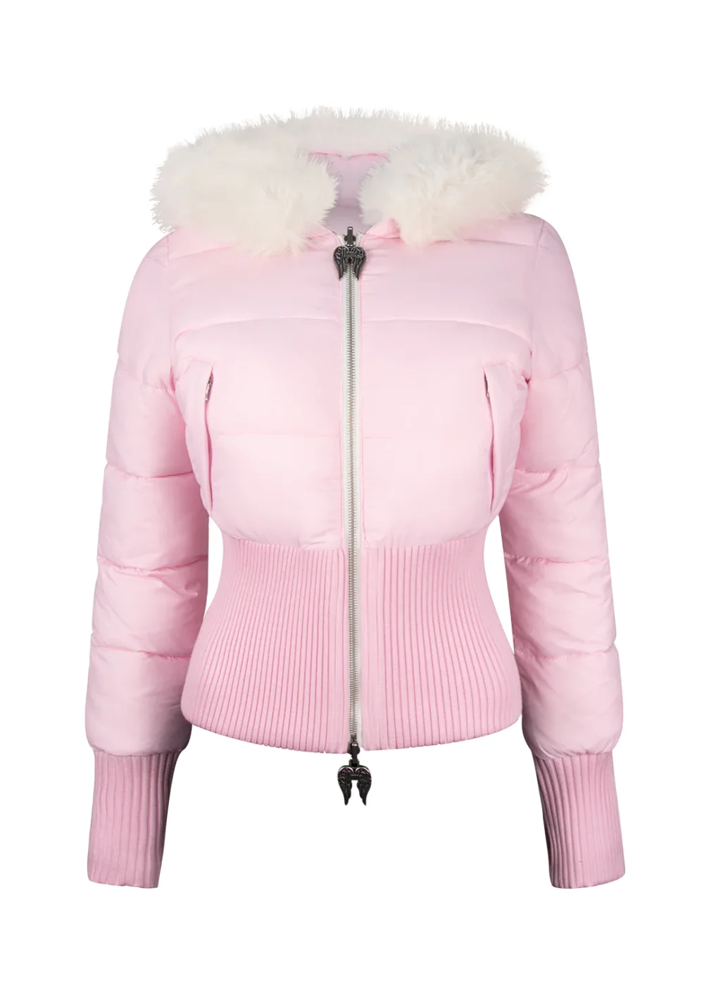FALLEN FAUX FUR REVERSIBLE RIB PUFFER JACKET BABY PINK AND WHITE