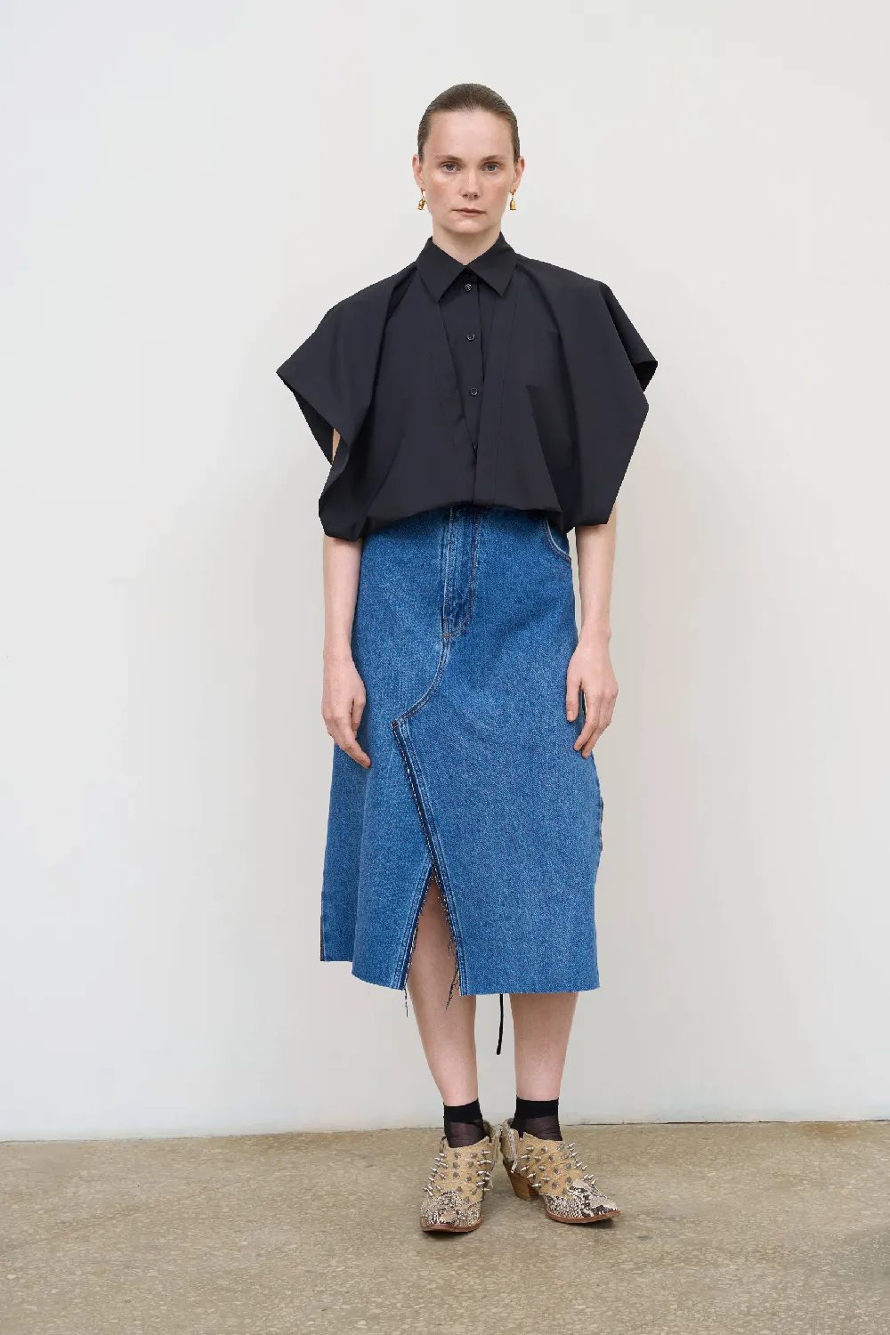DENIM-WOOL BLEND MIDI SKIRT