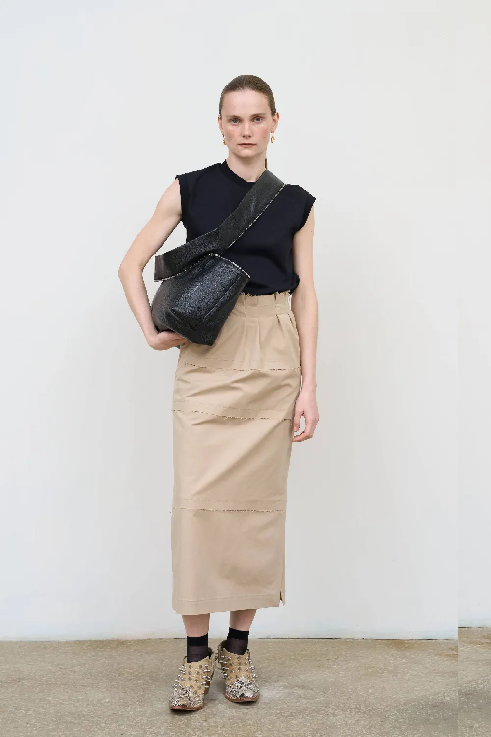 COTTON-BLEND MIDI SKIRT IN BEIGE