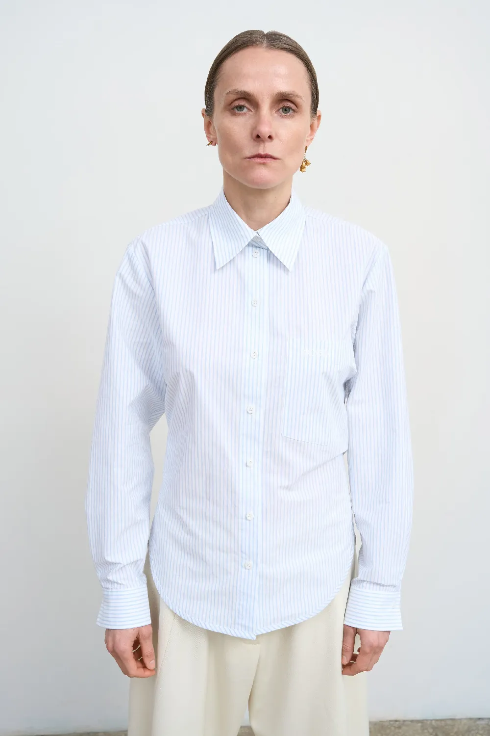 White Striped Poplin Shirt with Twisted Back Detail