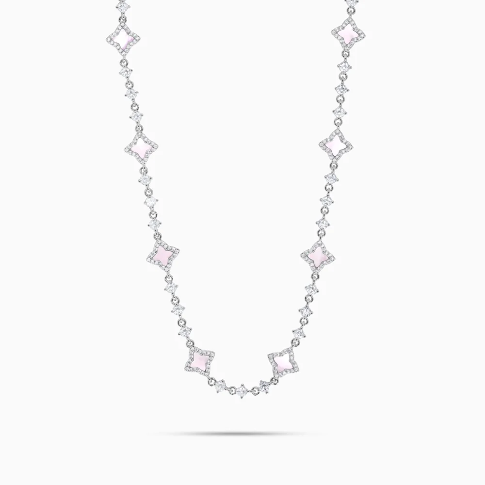 Silver Flower Tennis Chain - Pink