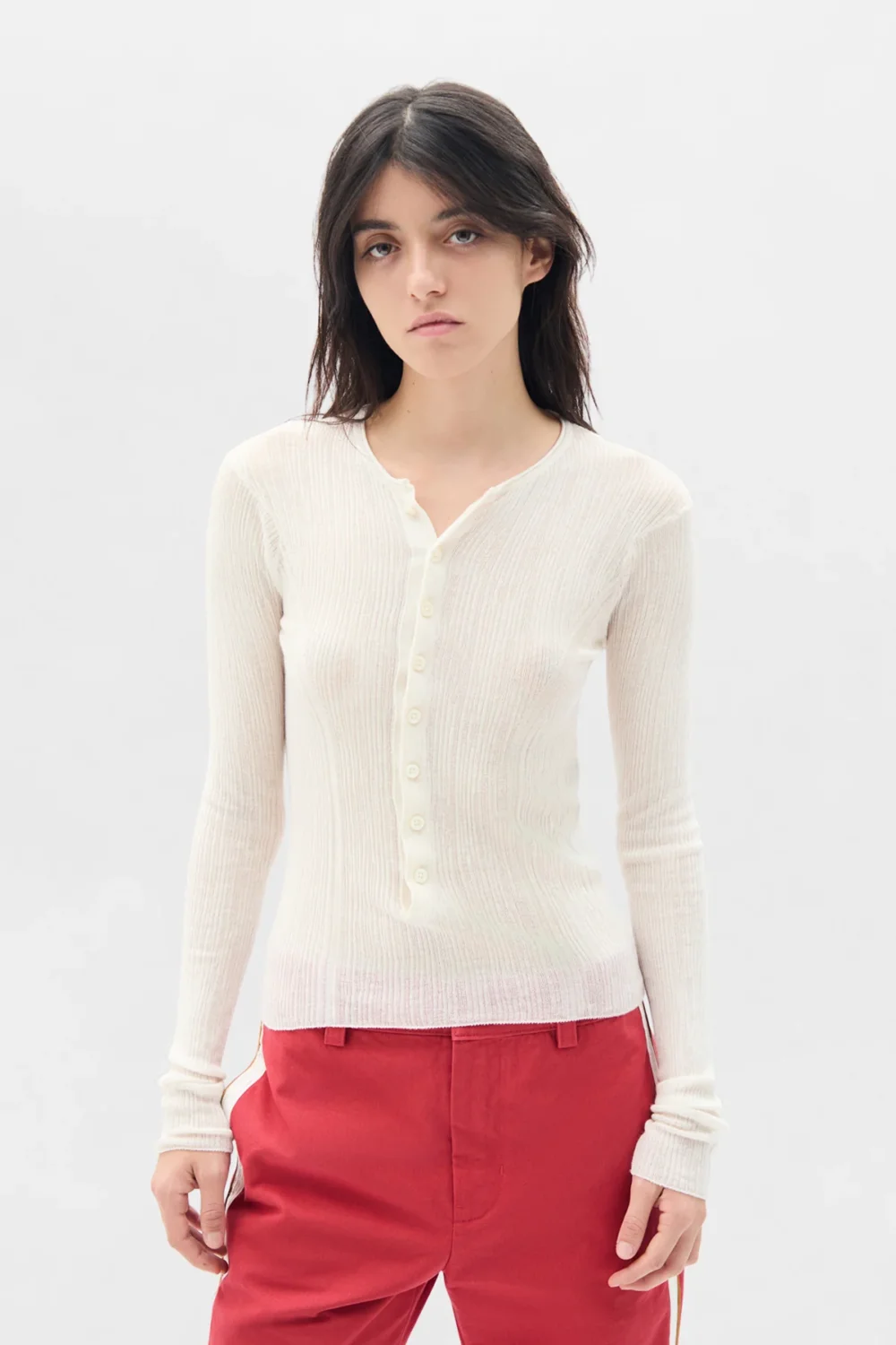 Miep Creponette Rib Fitted Serafino Knit Top