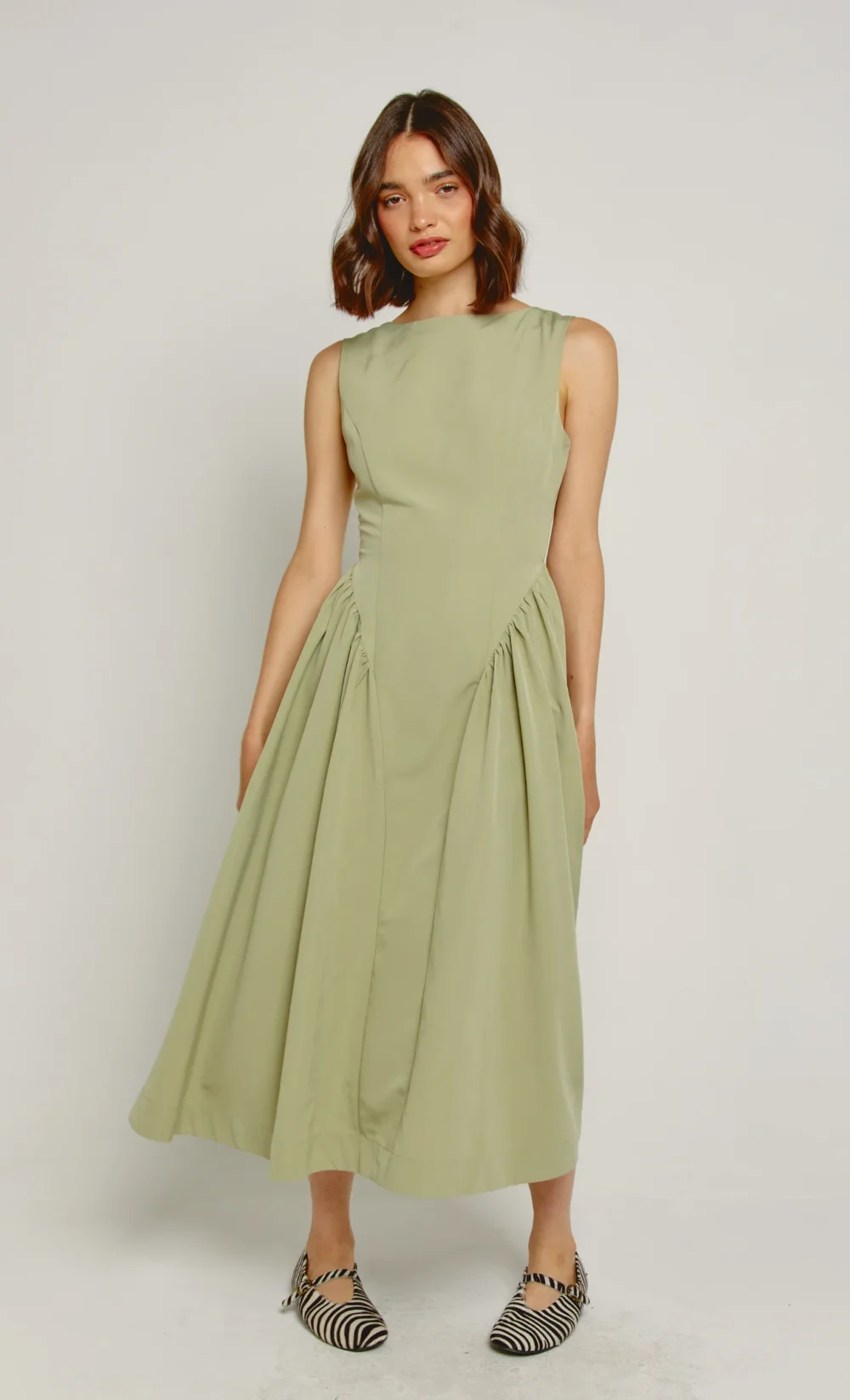 Olive Midi Dress with Gathered Waist