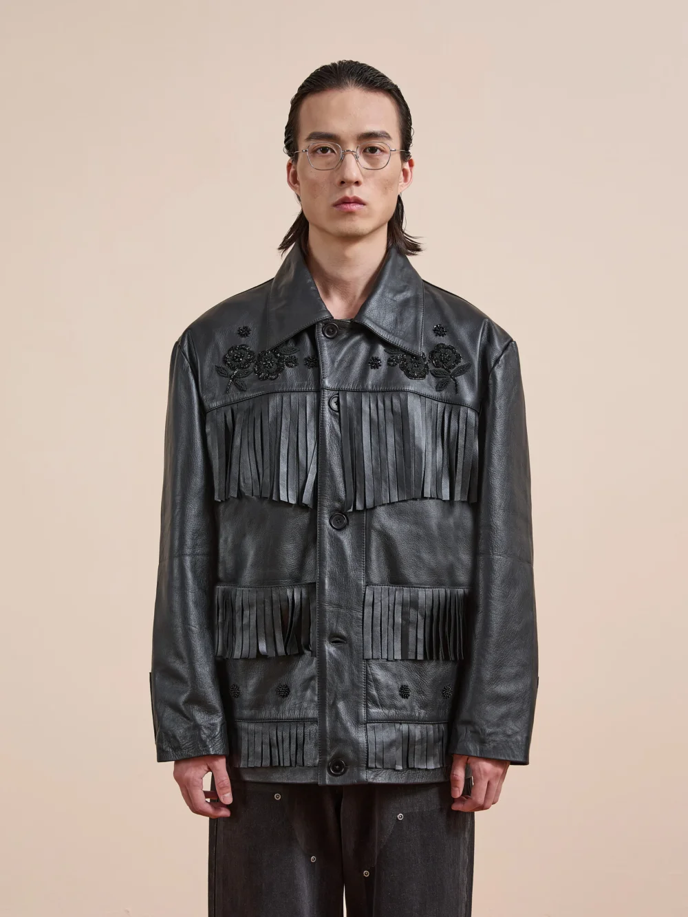 Hand Embroidered Leather Fringe Jacket