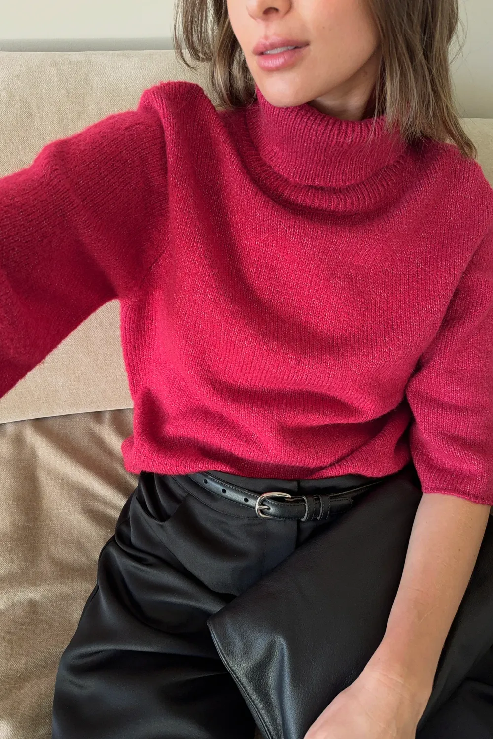 Knitted Short Sleeve Wool Blend Sweater