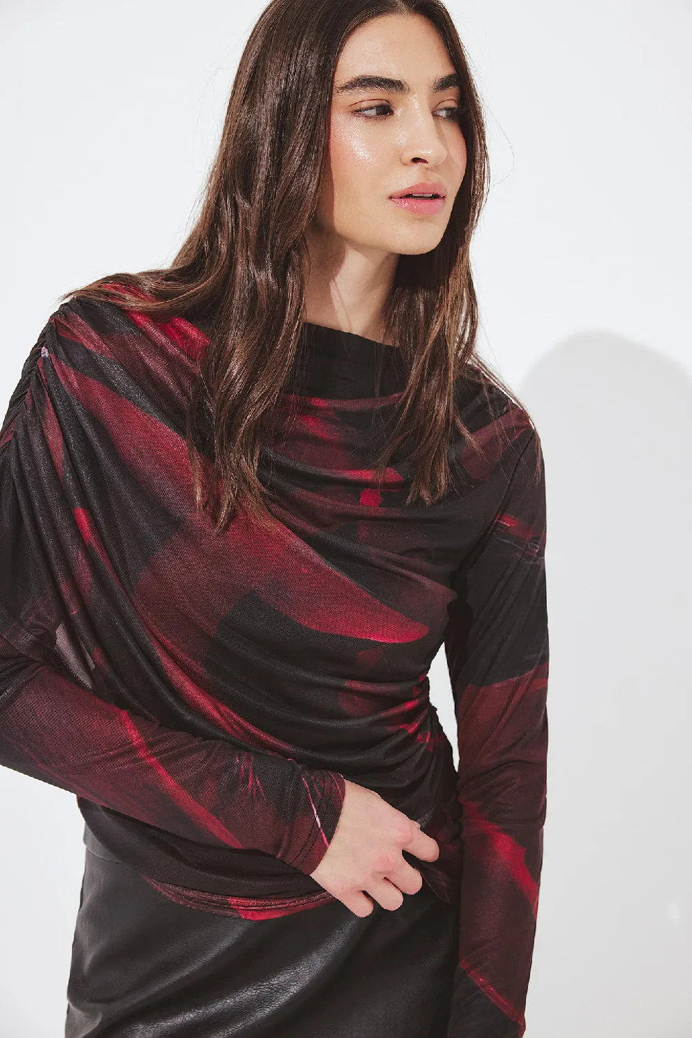 Draped Printed Mesh Top