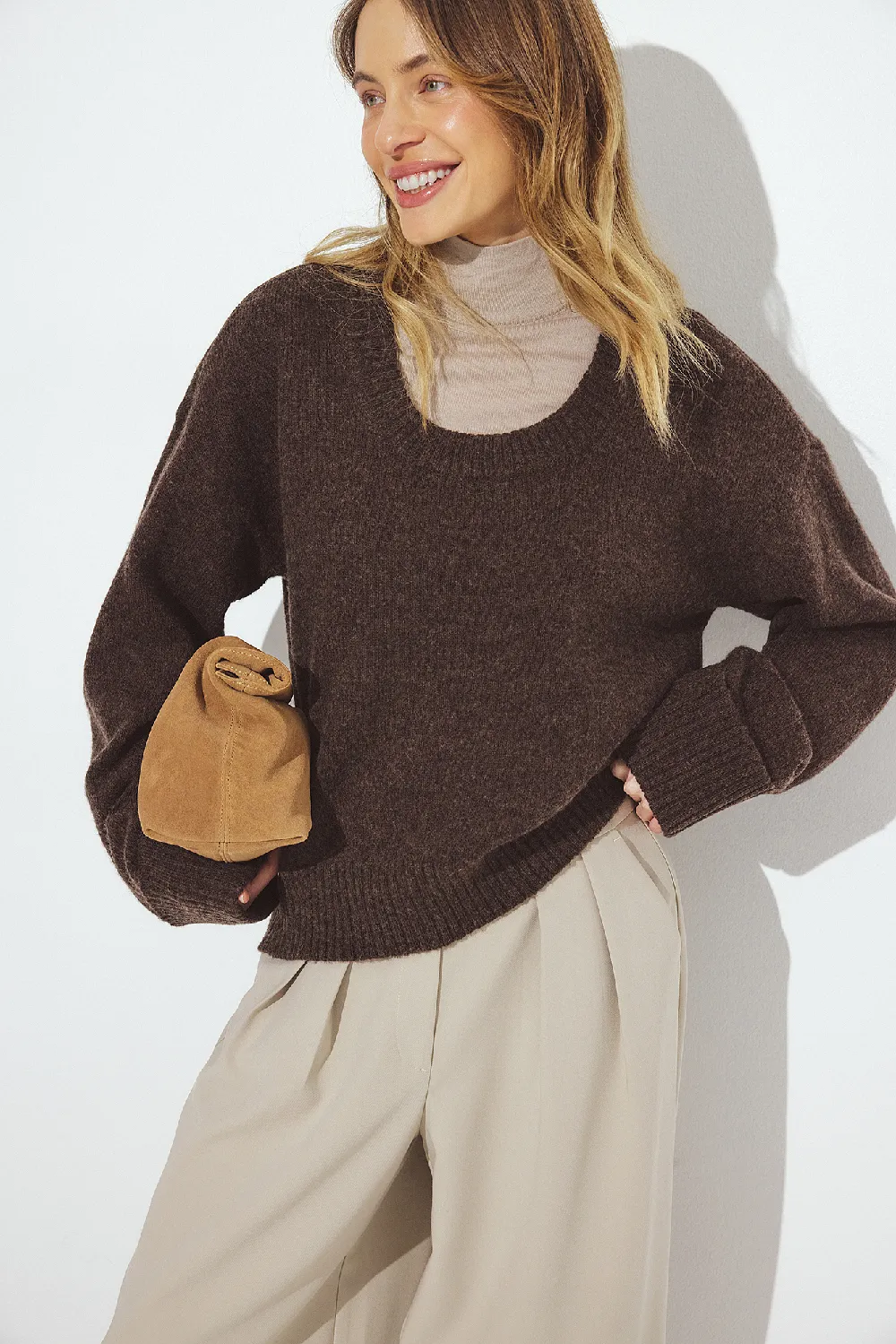 Knitted Scoop Neck Wool Blend Sweater