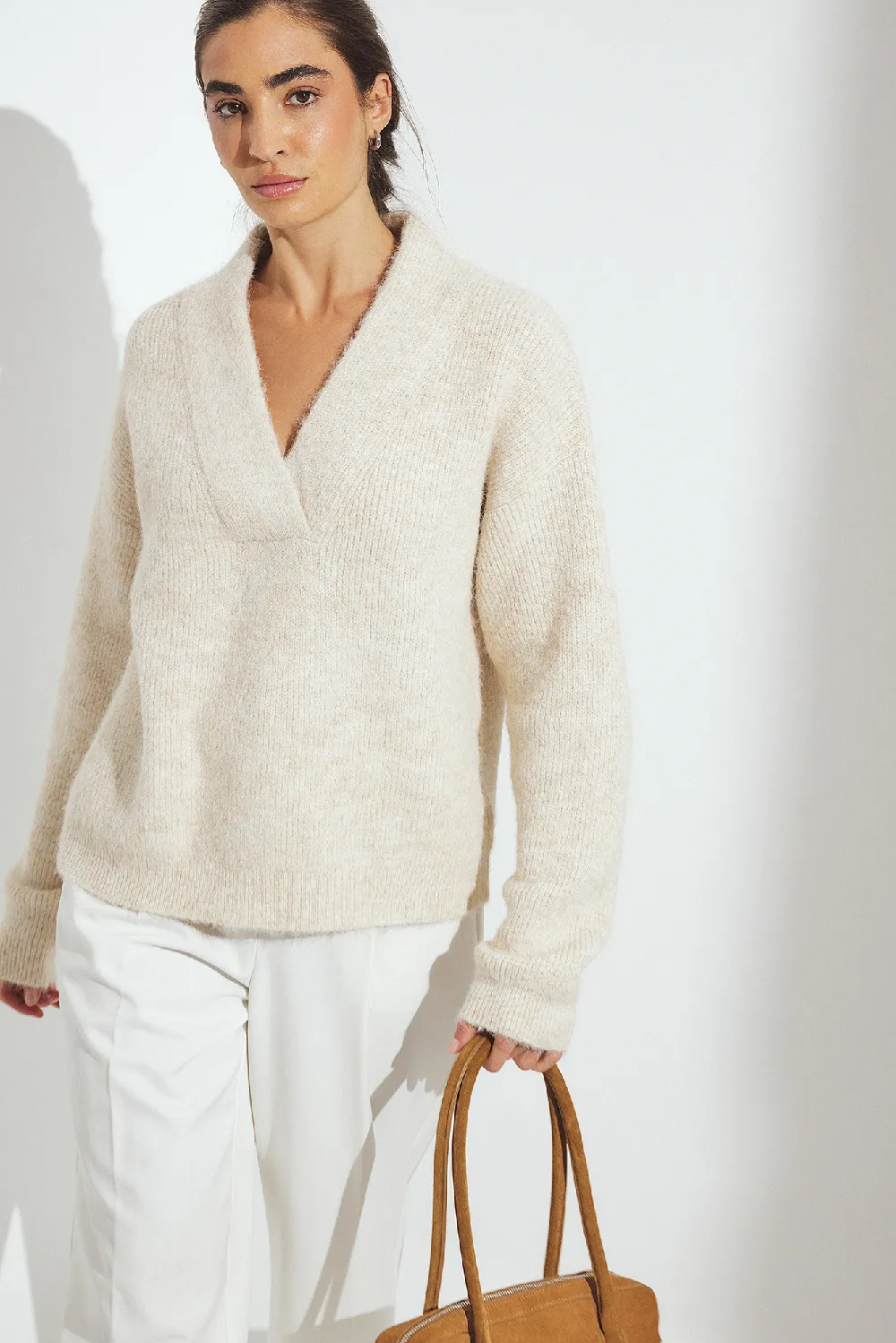Knitted Oversized V-Neck Sweater - 4