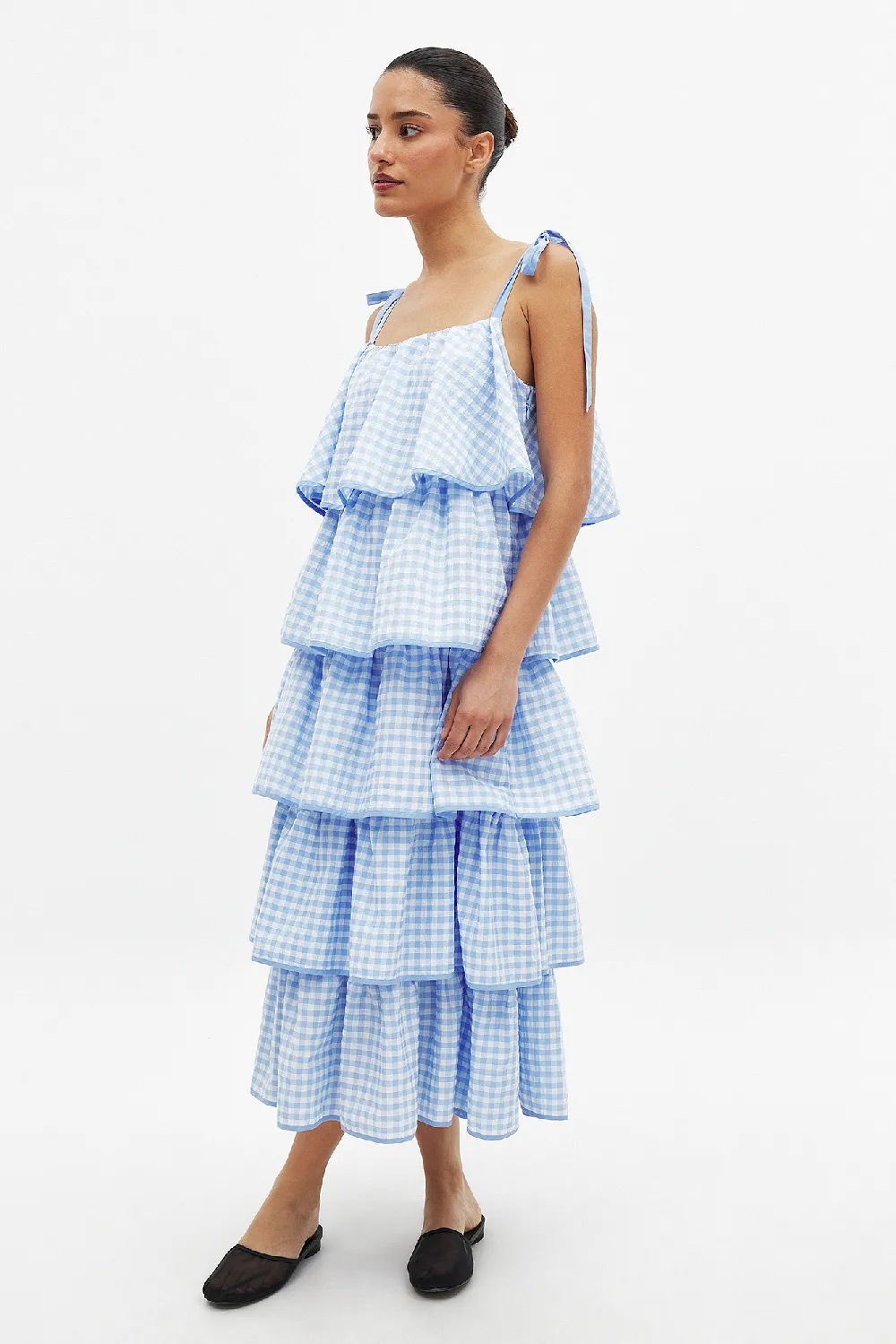 Tie Shoulder Flounce Detail Midi Dress