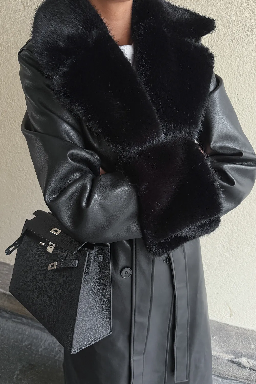 Faux Fur Detailed PU Coat - 4