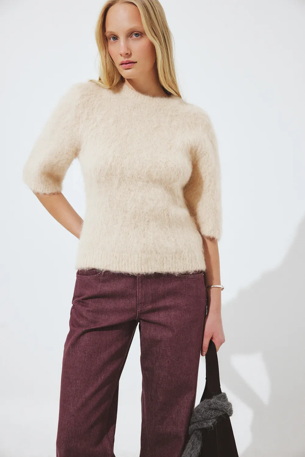 Knitted Alpaca Blend Short Sleeve Sweater - 2