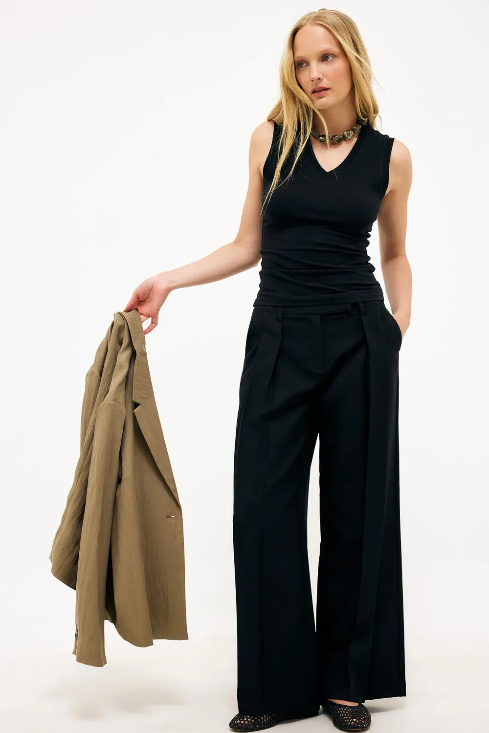 Mid Waist Box Pleat Pants