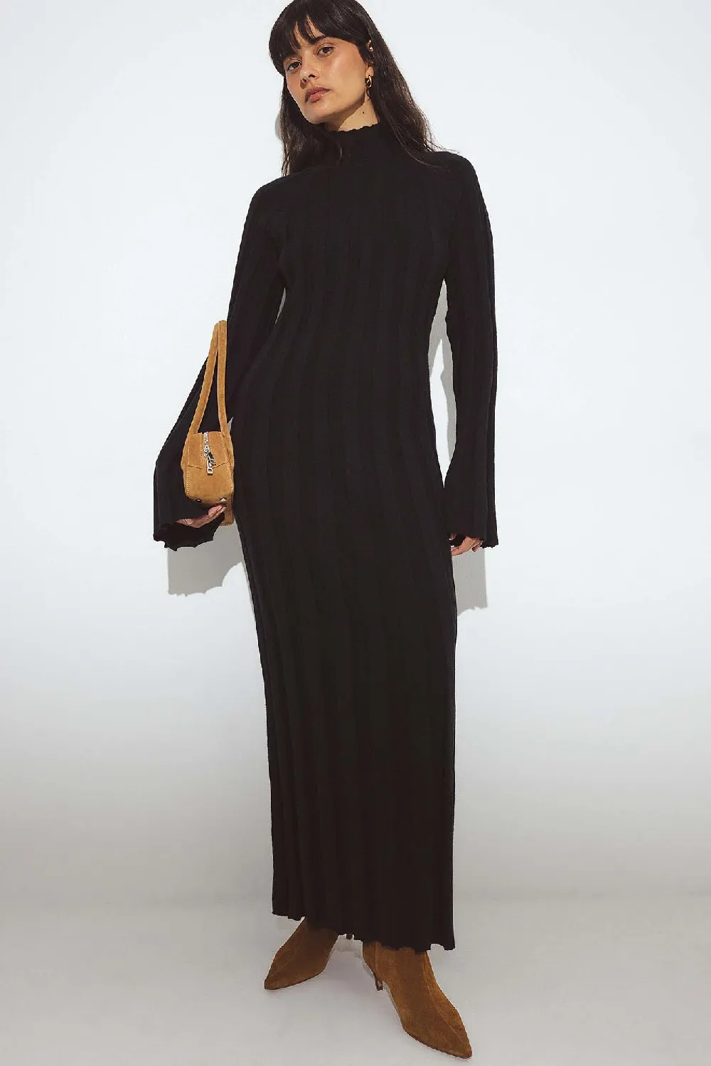 Knitted Ribbed Turtleneck Maxi Dress