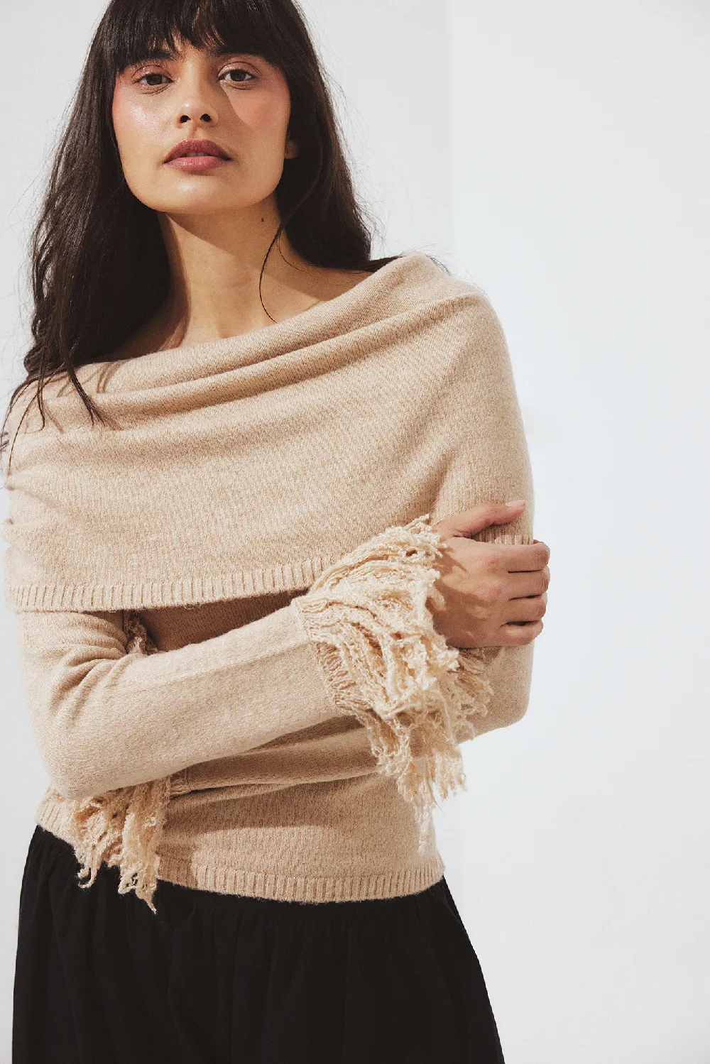 Knitted Off Shoulder Fringe Sweater