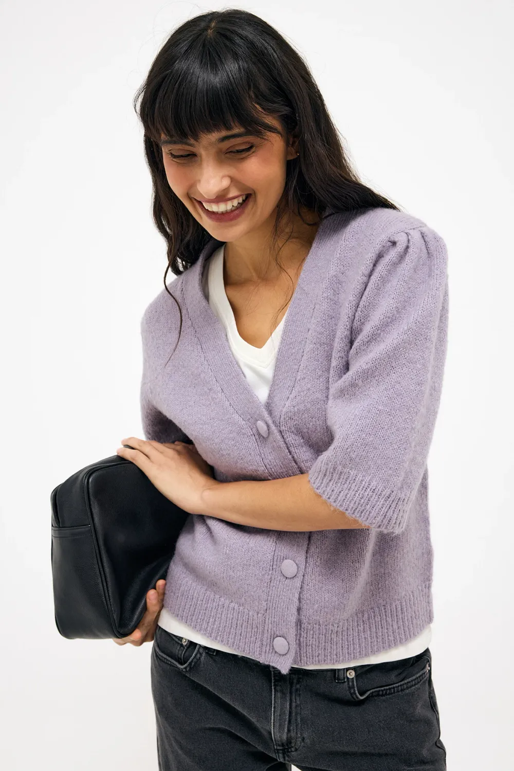 Knitted Puff Sleeve Wool Blend Cardigan