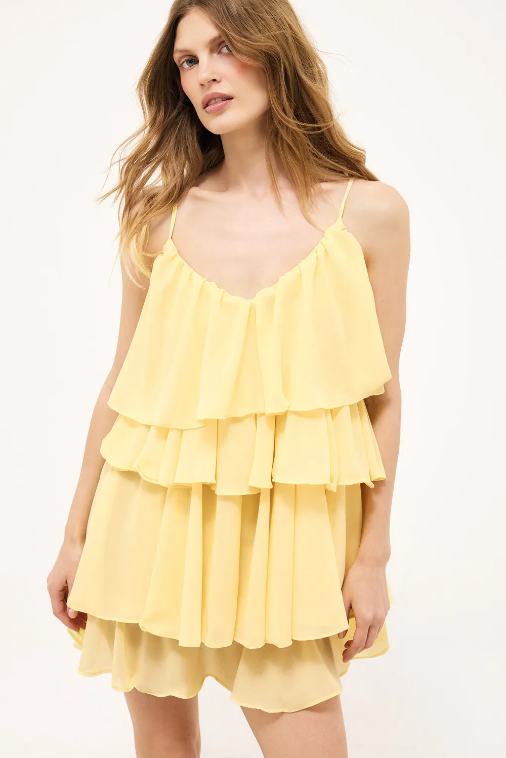 Ruffle Plisse Strap Mini Dress