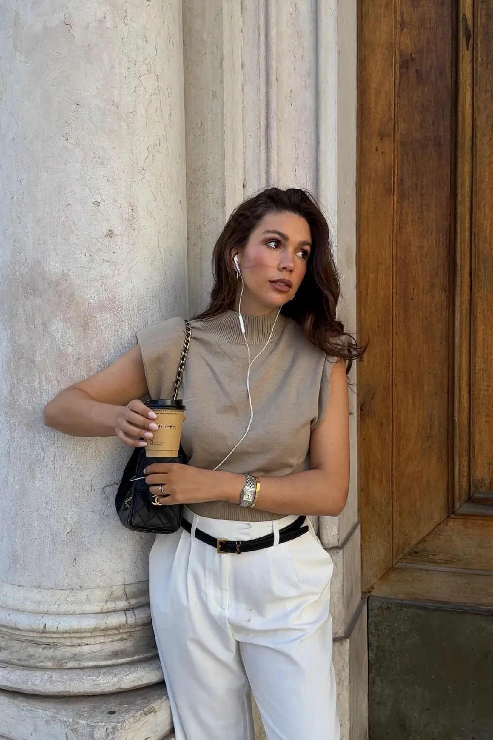 Knitted High Neck Shoulder Pad Top