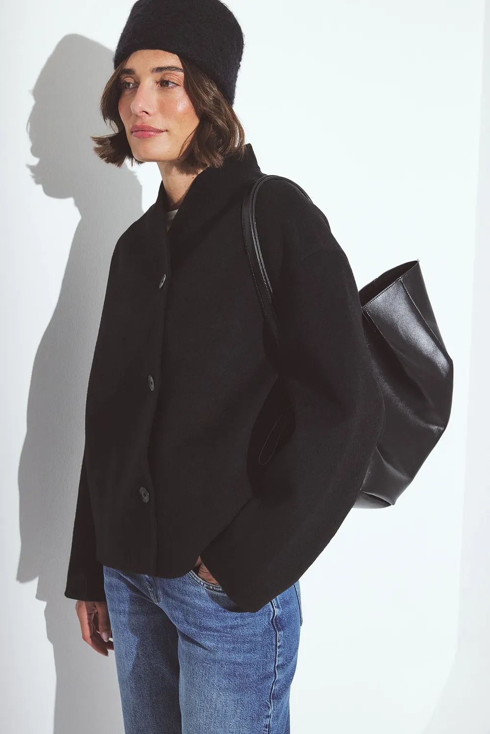 Wool Blend High Neck Short Coat