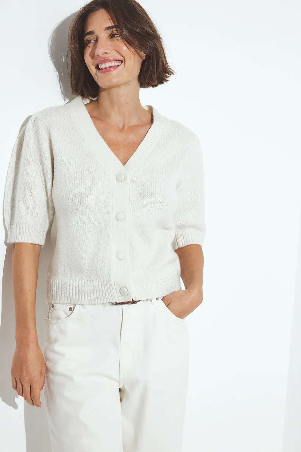 Knitted Puff Sleeve Wool Blend Cardigan