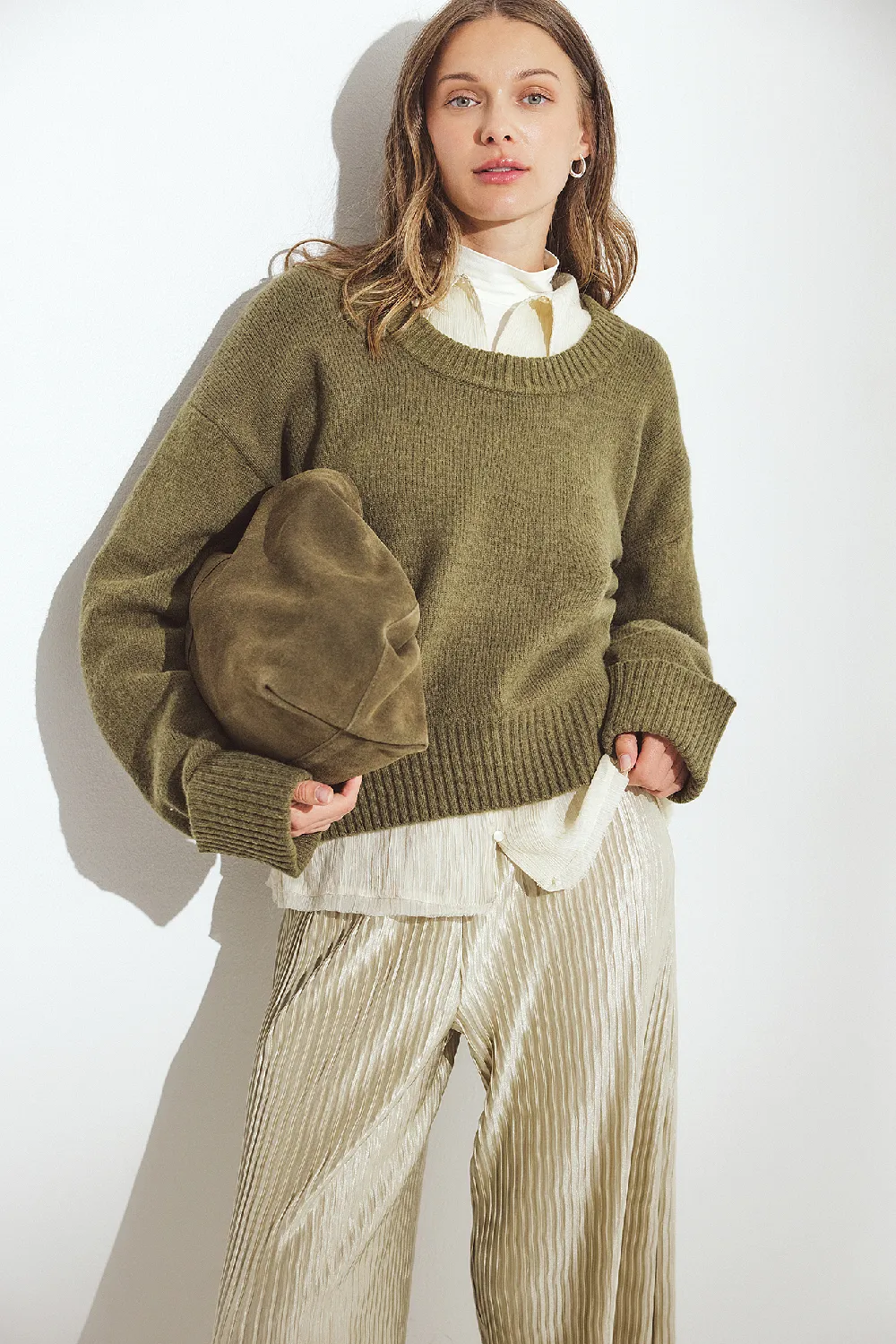 Knitted Scoop Neck Wool Blend Sweater