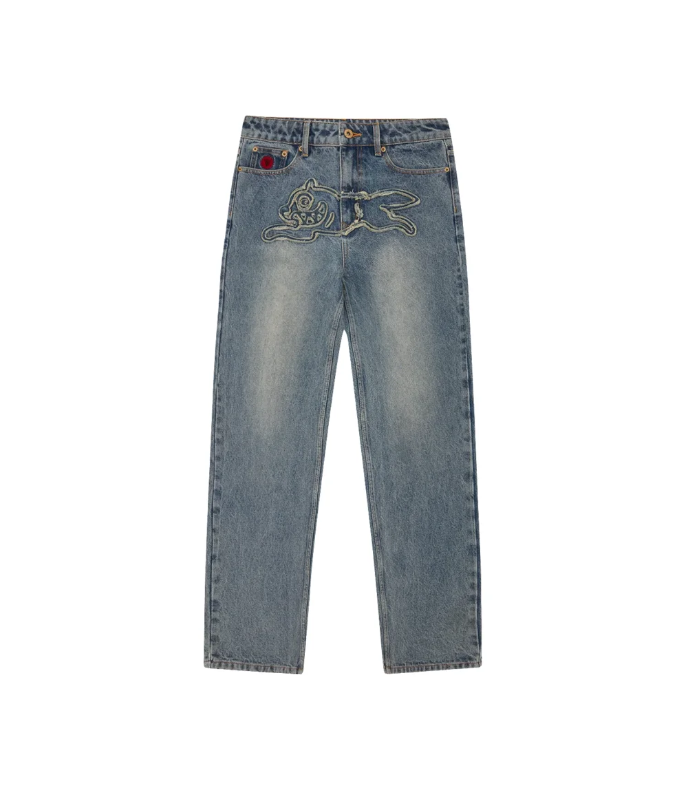 DISTRESSED APPLIQUE RUNNING DOG DENIM PANTS - VINTAGE WASH