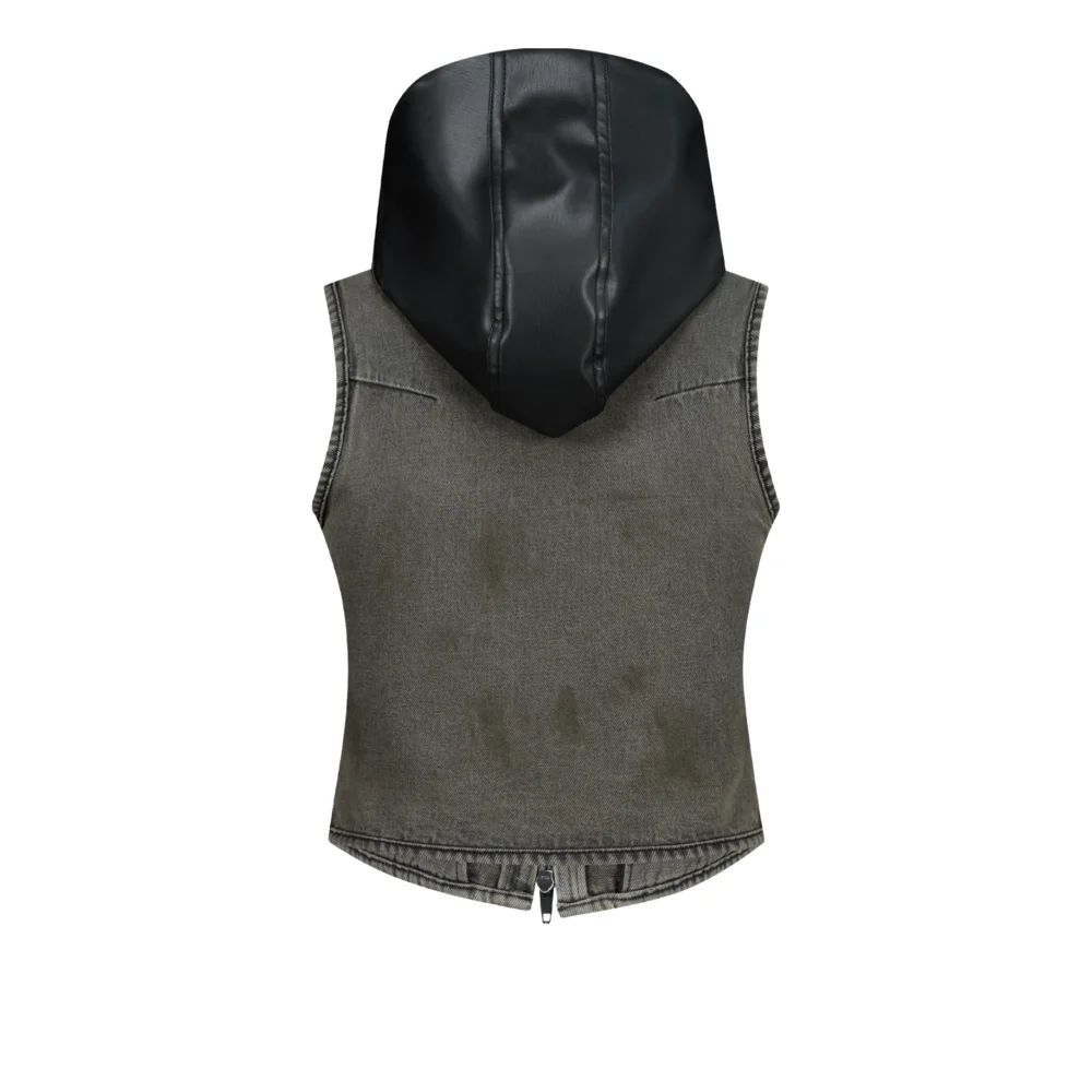 Detachable Hood Denim Vest in Faded Black - 5