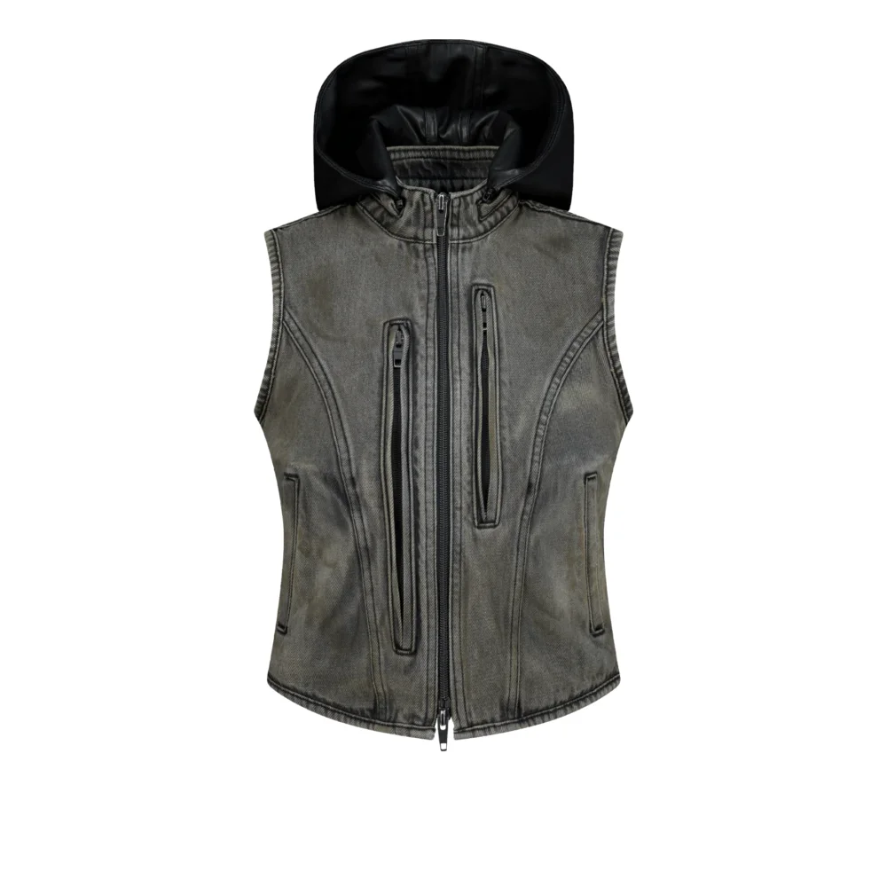 Detachable Hood Denim Vest in Faded Black - 4
