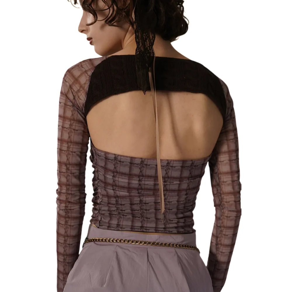 Pink Brownie Checkered Tube Top in Pink Brown - 3