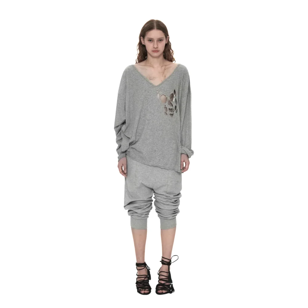 V-Neck Tee with Skull Cutout in Grey