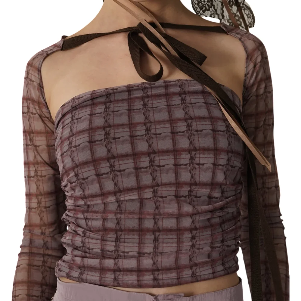 Pink Brownie Checkered Tube Top in Pink Brown - 2