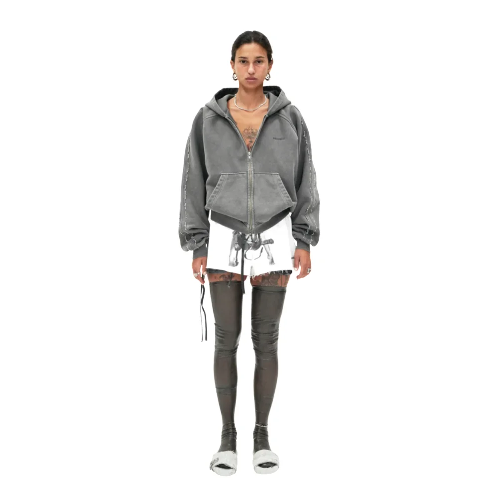Beaded Track Hoodie in Pigment Washed Grey