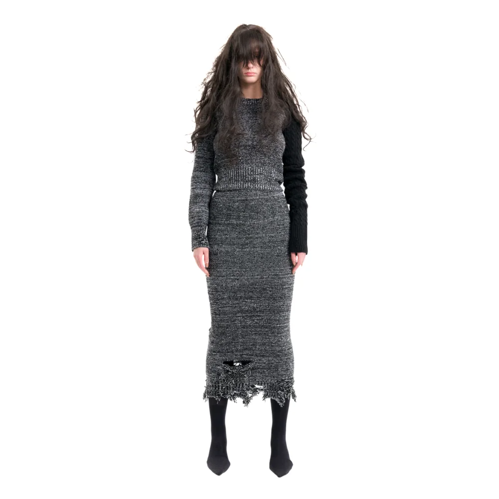 (Emma) Damaged Knit Skirt in Melange Grey