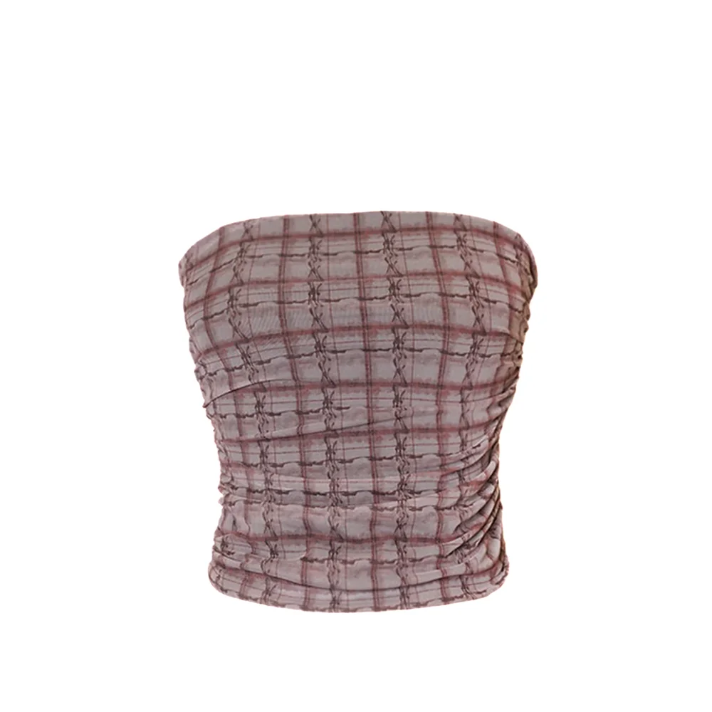 Pink Brownie Checkered Tube Top in Pink Brown