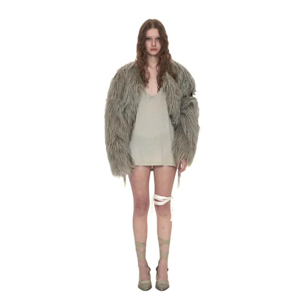 Fur Jacket with Army Patch in Sage