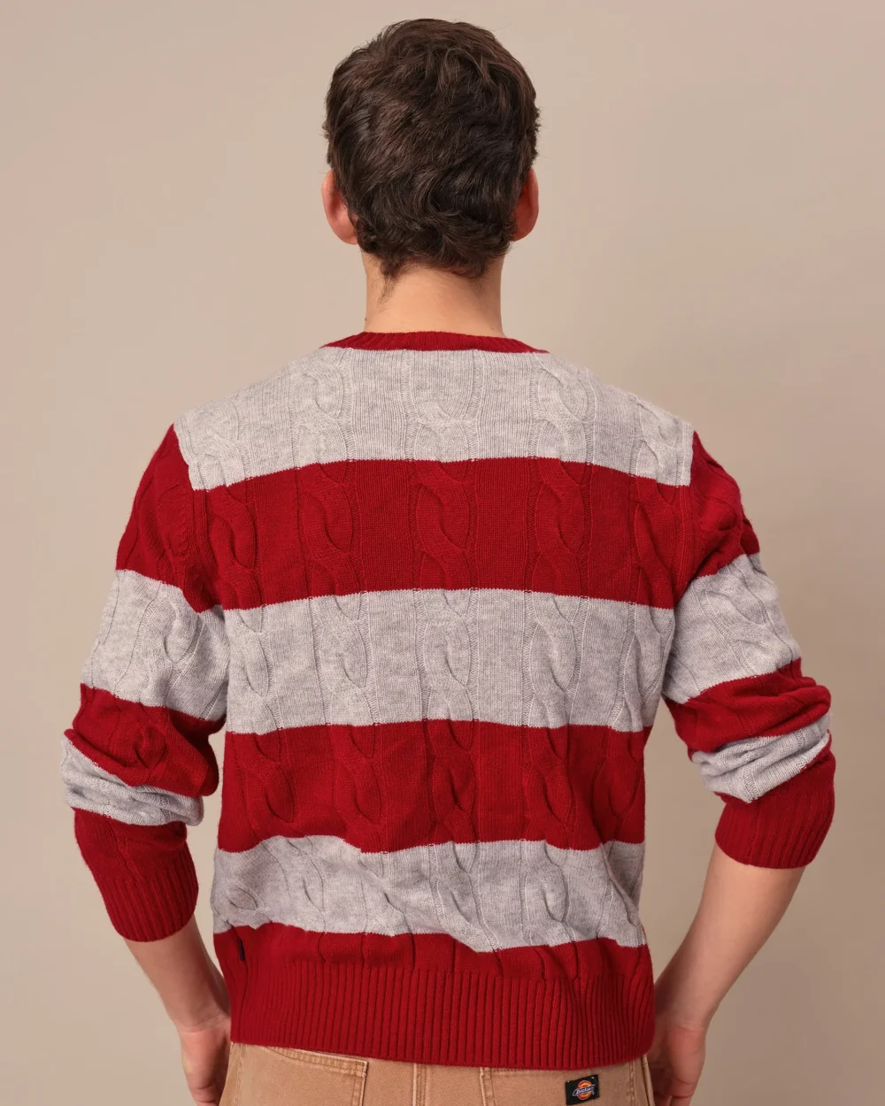 Cashmere Rugby Cable Knit Sweater Red/Grey Heather Stripe - 4