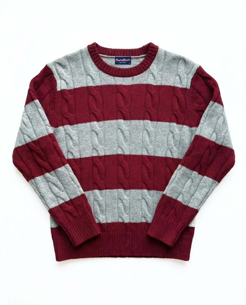 Cashmere Rugby Cable Knit Sweater Red/Grey Heather Stripe - 5