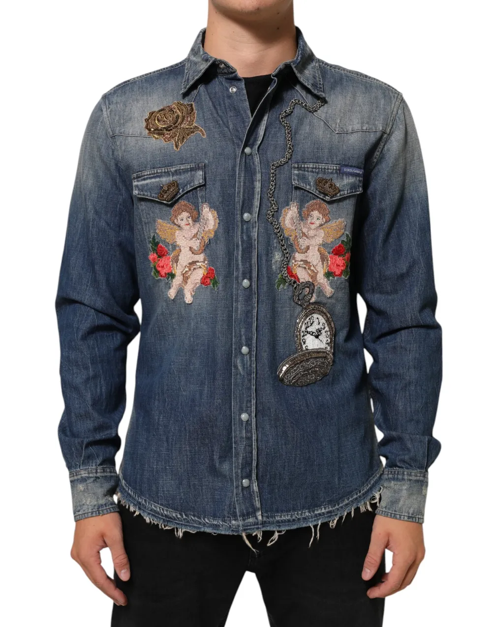Dolce & Gabbana Angel Patch Embroidered Denim Shirt — Blue