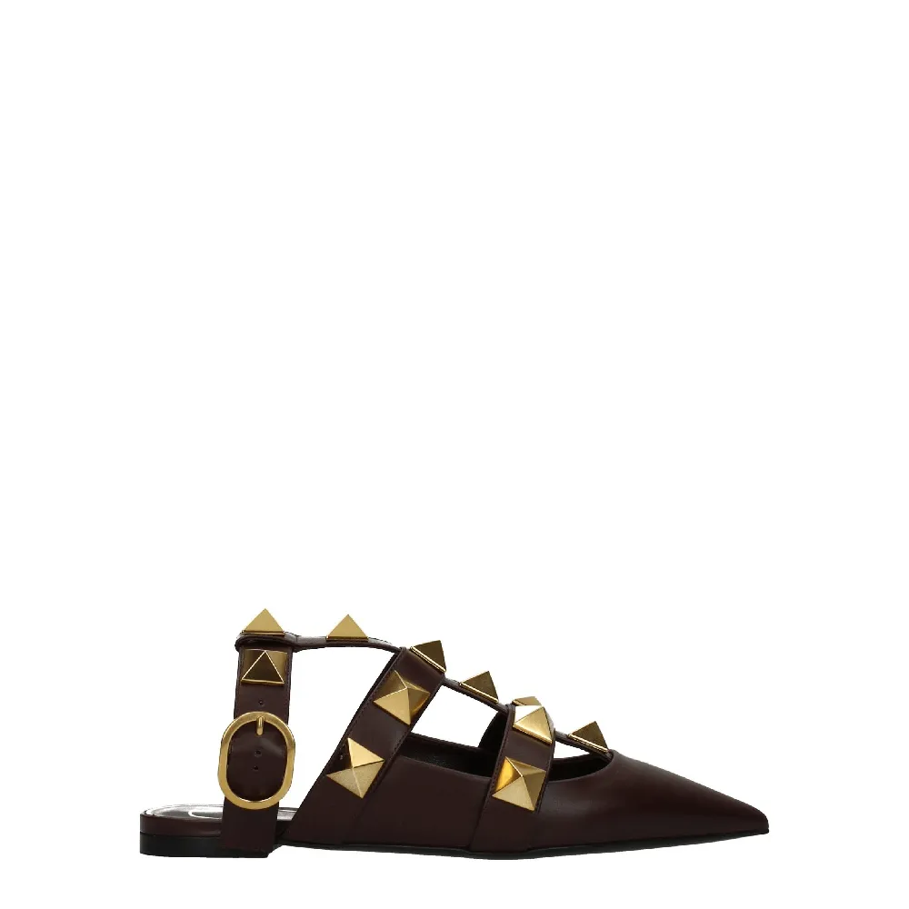 Valentino Garavani Stud-Embellished Leather Flat — Brown