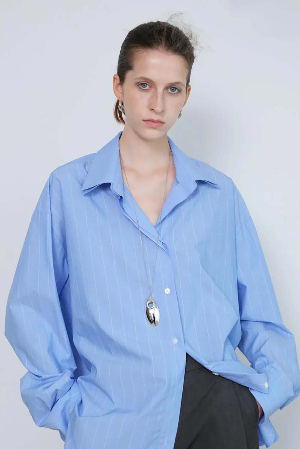 Oversized Double-Collar Pinstripe Button-Up Shirt - Blue