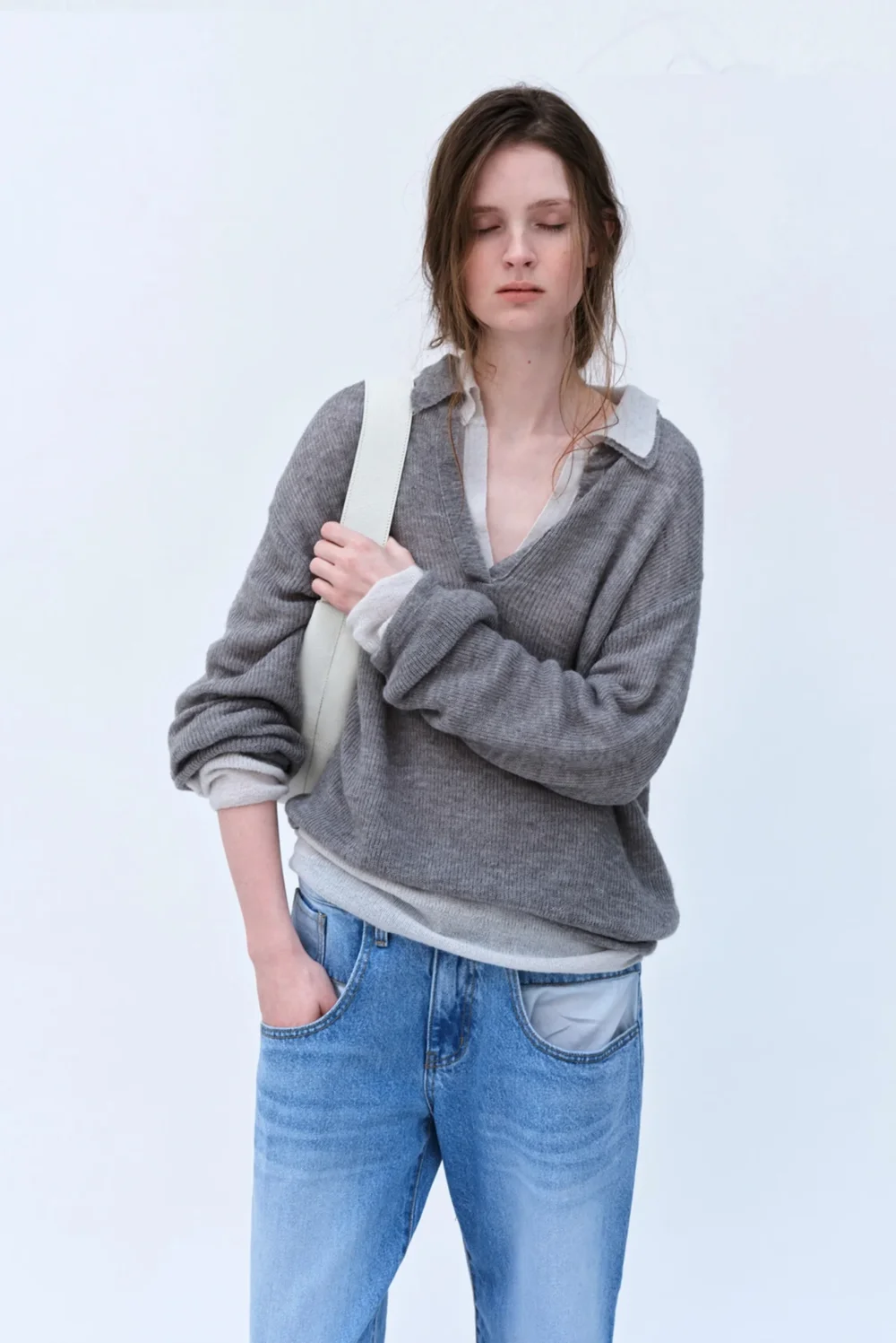 Sheer V-Neck Knit Sweater - Silver - 4