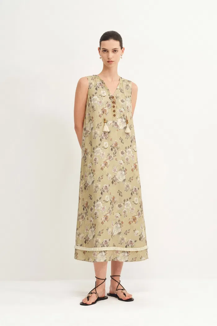 Sienna V Neck Flora Print Dress in Linen