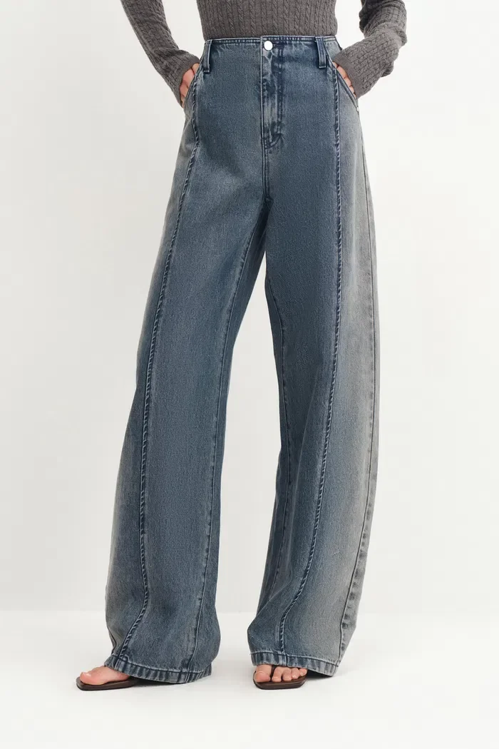 Paz Yellowish Baggy Washed Jeans in Cotton Denim