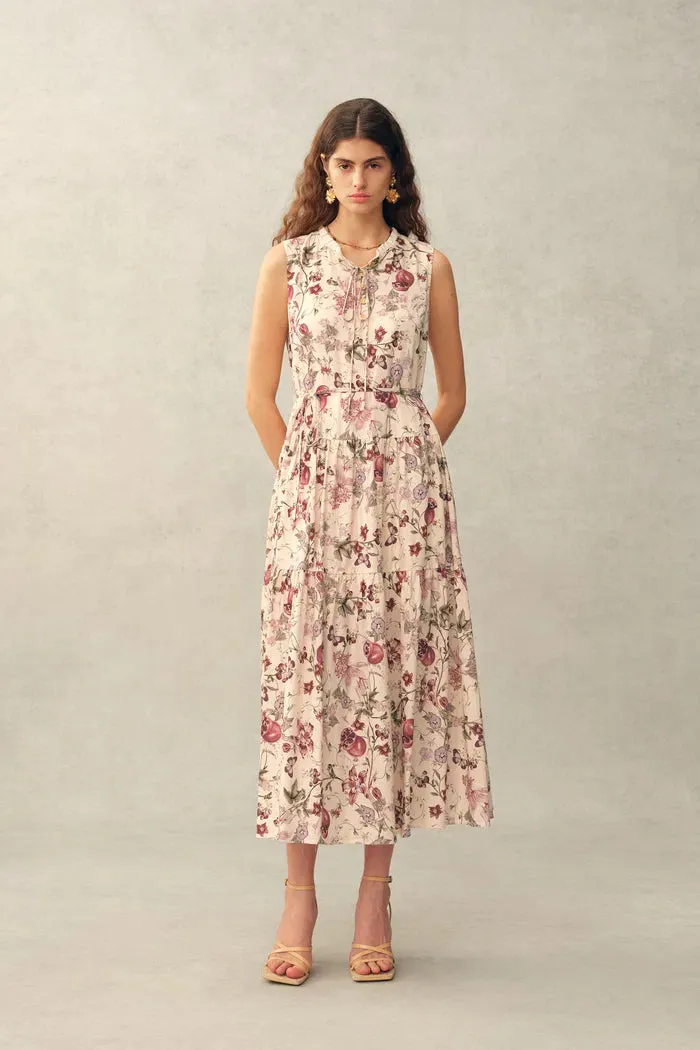 Liana Printed Pomegranate Floral Tiered Dress in Linen Blend - 2