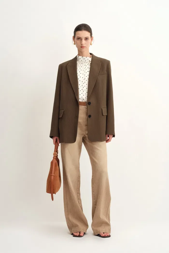 Fanny Striped Herringbone Button Suit Blazer in Cotton