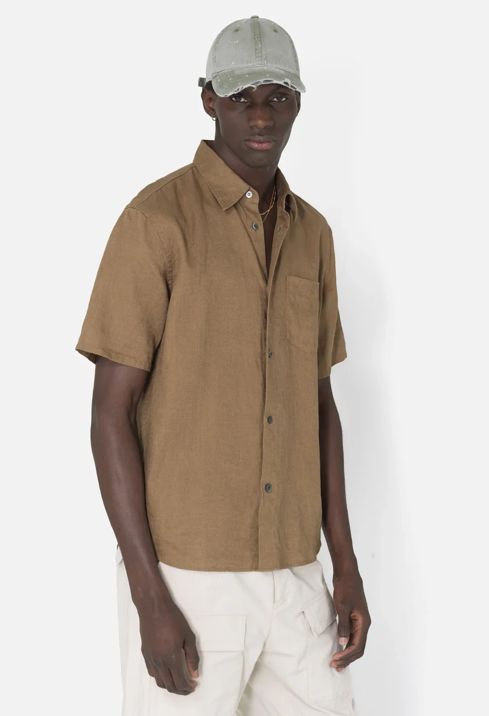 Linen SS Cloak Button Up / Brown - 2