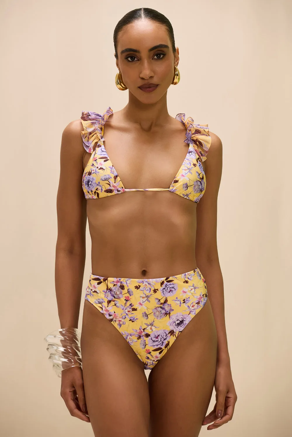 PEONY PRINT LYCRA HIGH WAIST BIKINI BOTTOM