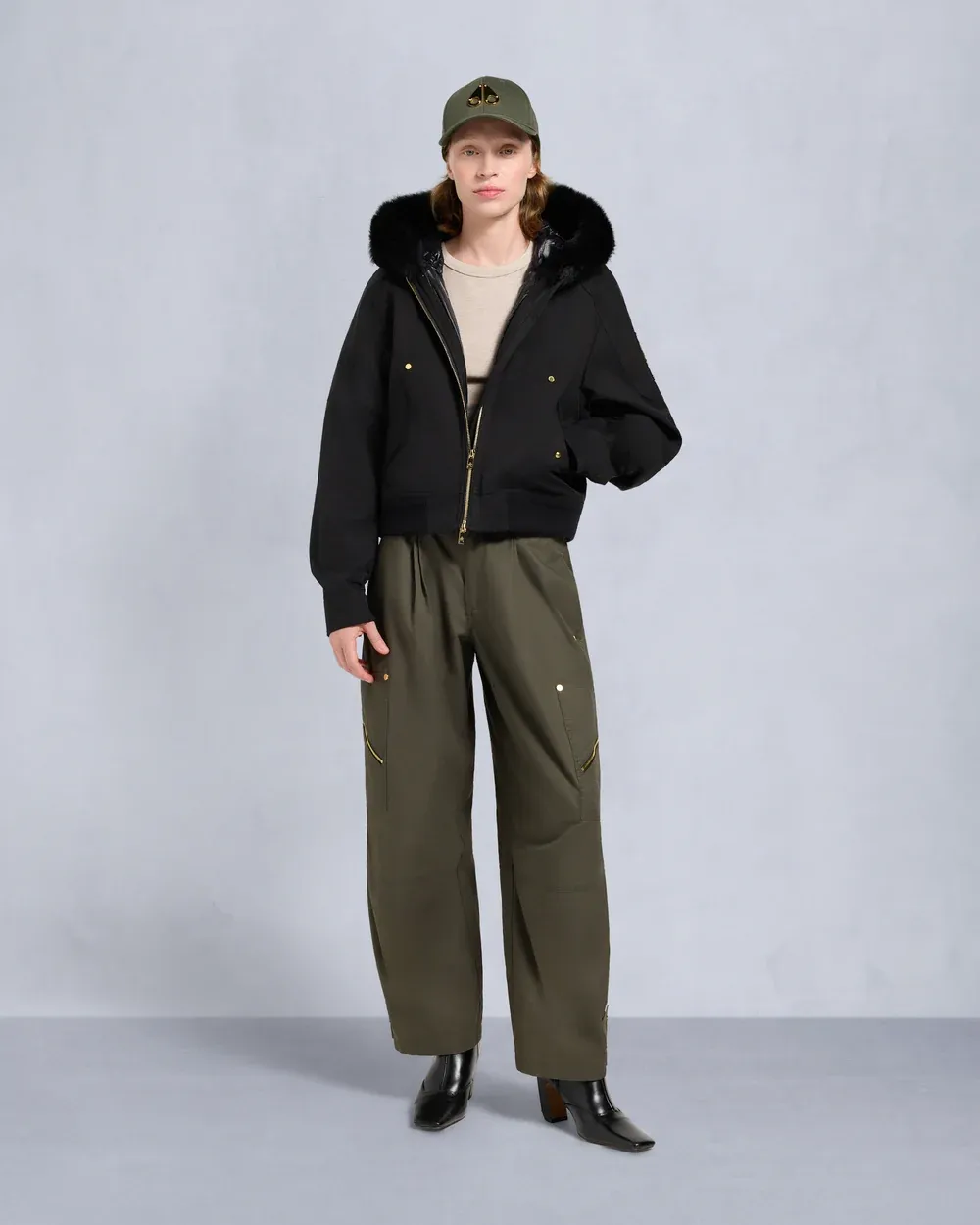 GOLD SERIES LOGAN SHEARLING TRIM BOMBER JACKET-BLACK-BLACK