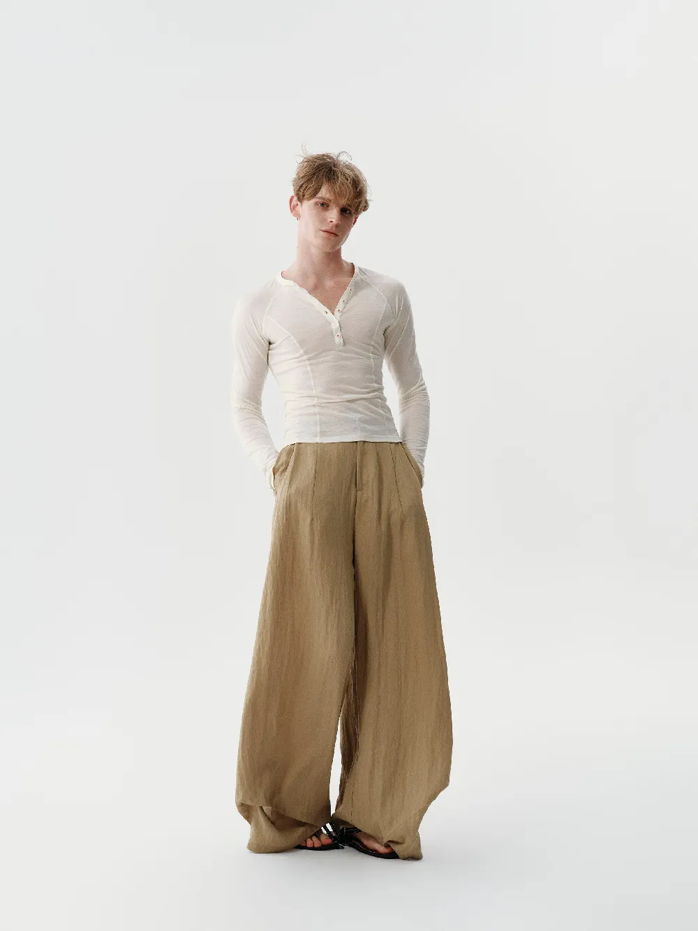 Drape Pleated Pants — Sand Beige